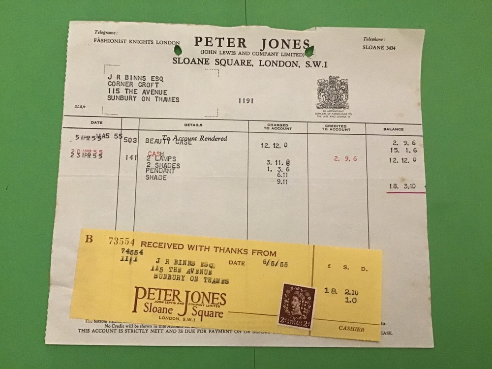 Peter Jones Sloane Square London Lamps Shades Pendant 1955 Receipt R43278