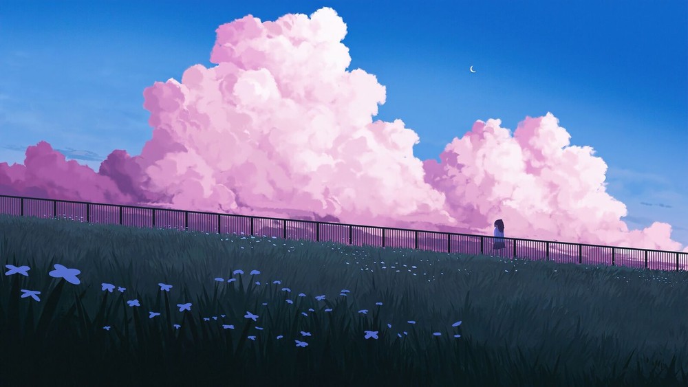 Playmat Desk Mat Anime field clouds clear sky girls moon crescent railing Play