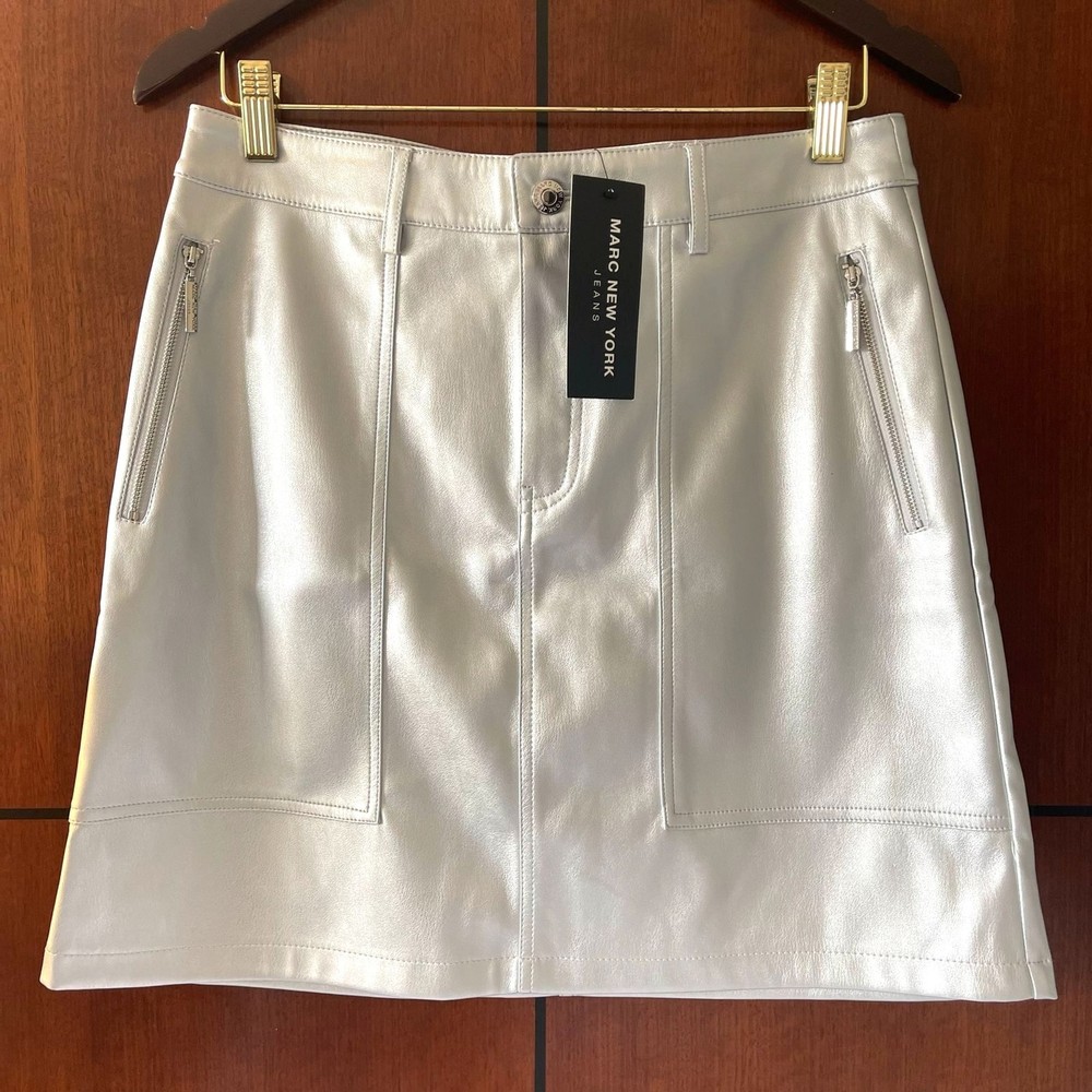 Marc New York Womens Faux Leather Silver Mini Skirt Size 10 NWT