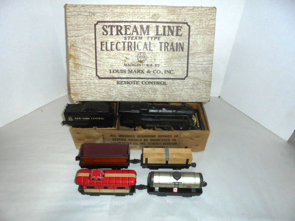 MARX POST WAR VINTAGE TIN FREIGHT SET O GAUGE WITH SET BOX RARE TANK CAR