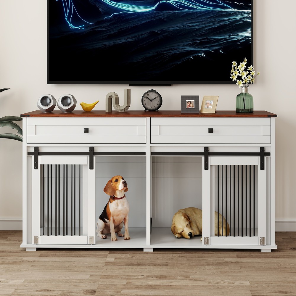 63in Double Dog Crate Furniture for 2 Small and Medium Dogs