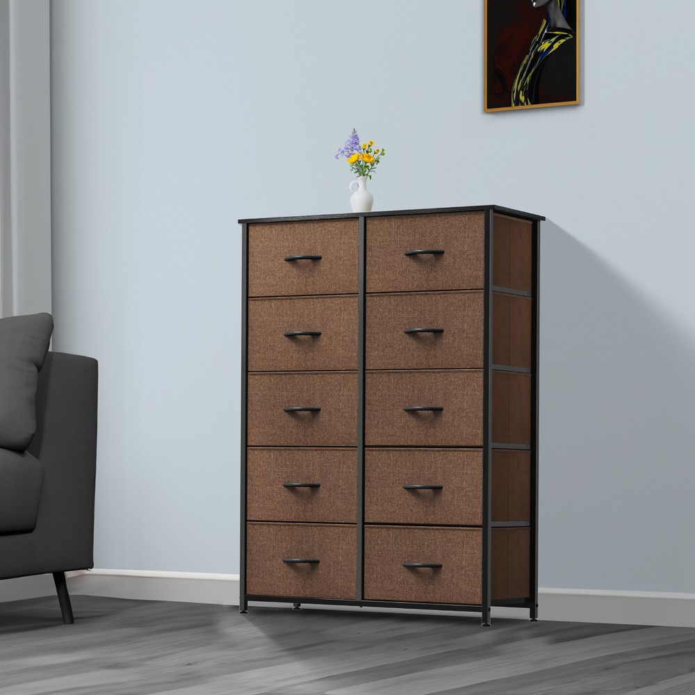 TAUS 10-Drawer Fabric Dresser Storage Organizer in Brown for Hallway or Bedroom