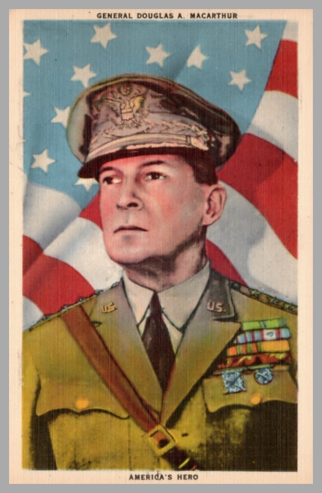 General Douglas A MacArthur America's Hero Portrait Linen c1930 Vintage Postcard