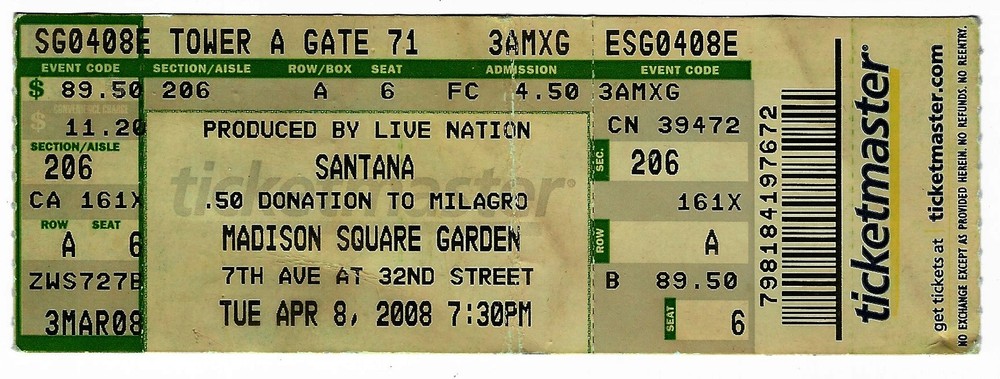 Santana 4/8/08 New York City NY Madison Square Garden Rare Ticket! Carlos