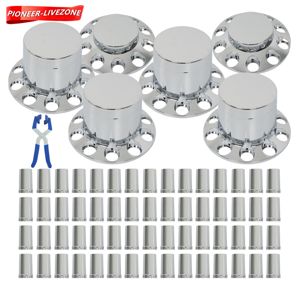 33mm Chrome Flat Top Hub Cover Kit with Lug Nut Wheel Axle Covers for Semi Trucks 6PCS