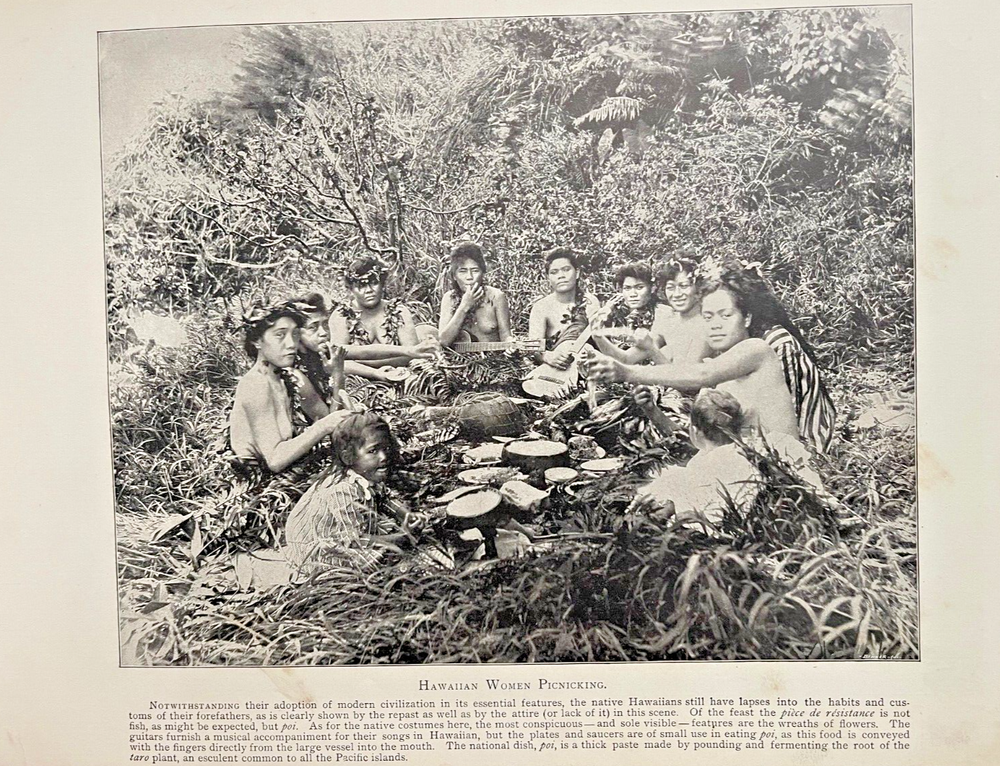 1898 Vintage Illustration Group of Hawaiian Women Picnicking