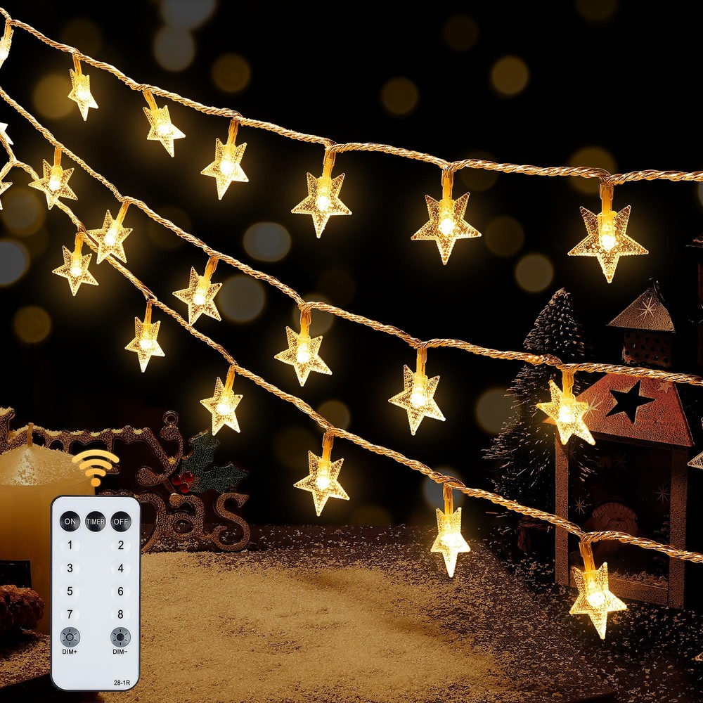 Warm White Star String Lights,39FT 100LED Plug in Fairy Twinkle Lights with 8...