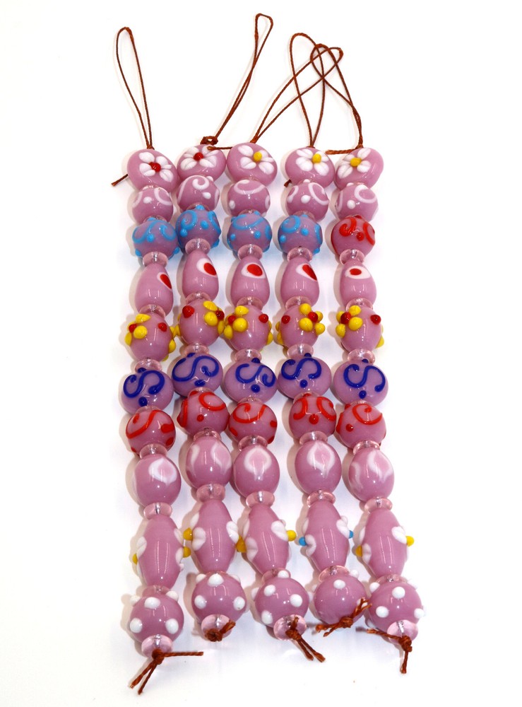 5 Strands Lamp Work Glass Beads Beutiful Pink Beads Multi shapes and sizes.