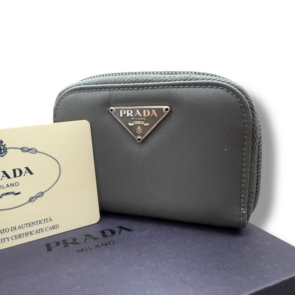 Prada 462 Coin Case Nylon Gray with Triangle Logo and G Card