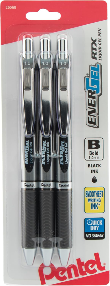 Pentel EnerGel RTX 1.0 mm Bold Point Gel Pens Black Ink Pack of 3