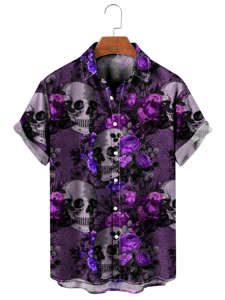 Camisa hawaiana con estampado de calaveras de flor de cuchara para hombre talla EE. UU. estilo verano NUEVA