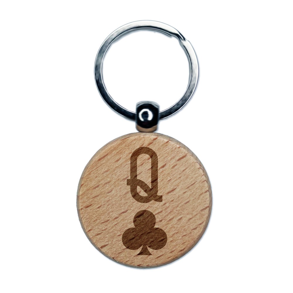 Queen of Clubs Card Suit Engraved Wood Round Keychain Tag Charm