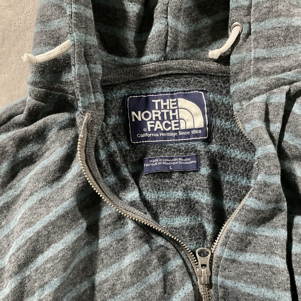 The North Face Mens Large Blue Gray Stripe Full Zip Lined Hoodie Sweatshirt