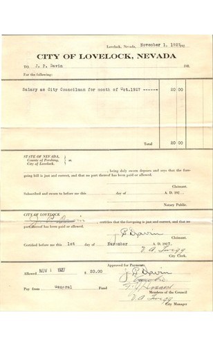 Lovelock NV Payroll Voucher 1927 City Councilman Pershing Co History Document-image