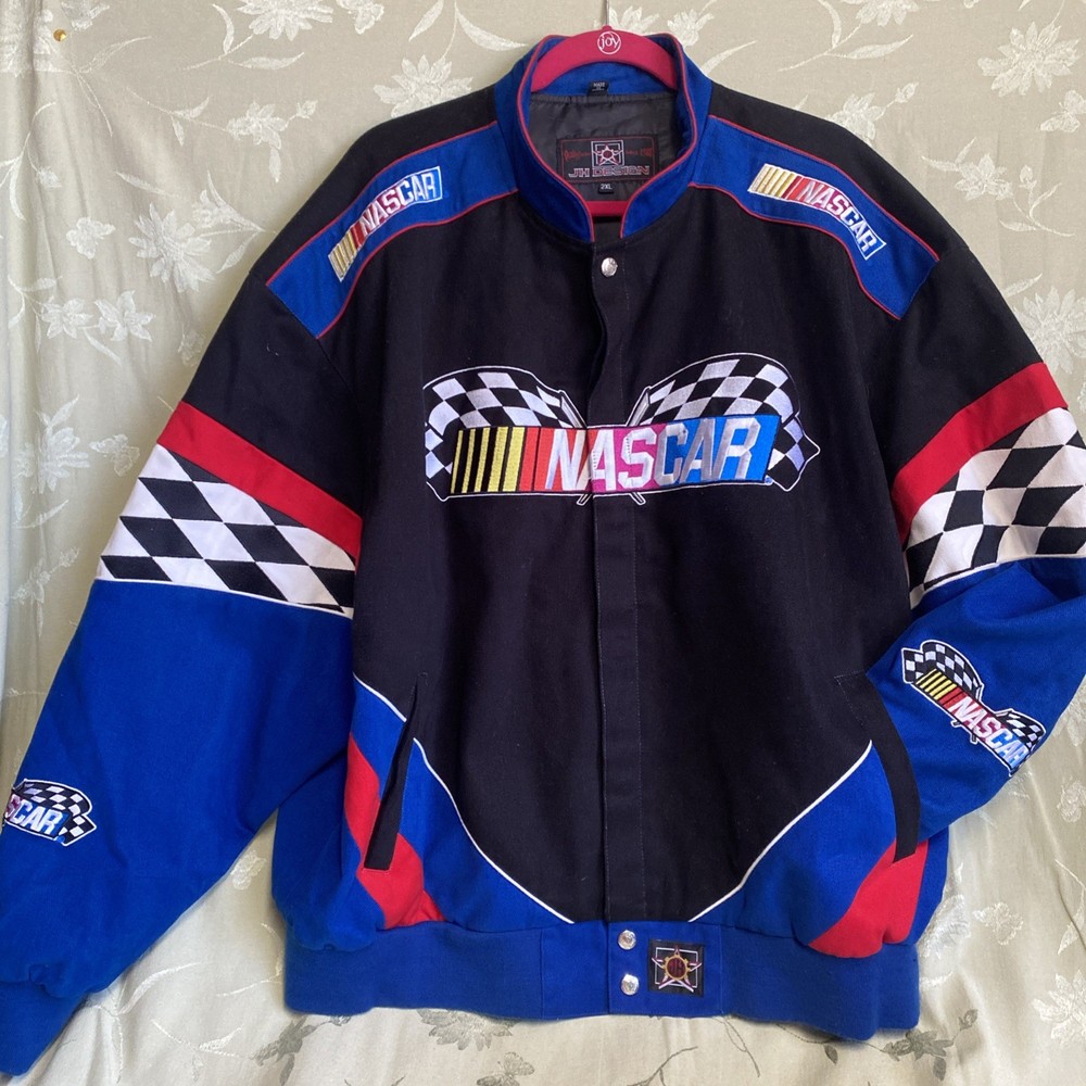 Vtg JH Design NASCAR Racing Team Jacket Black Blue 2XL Flag Logo - Excellent Cnd
