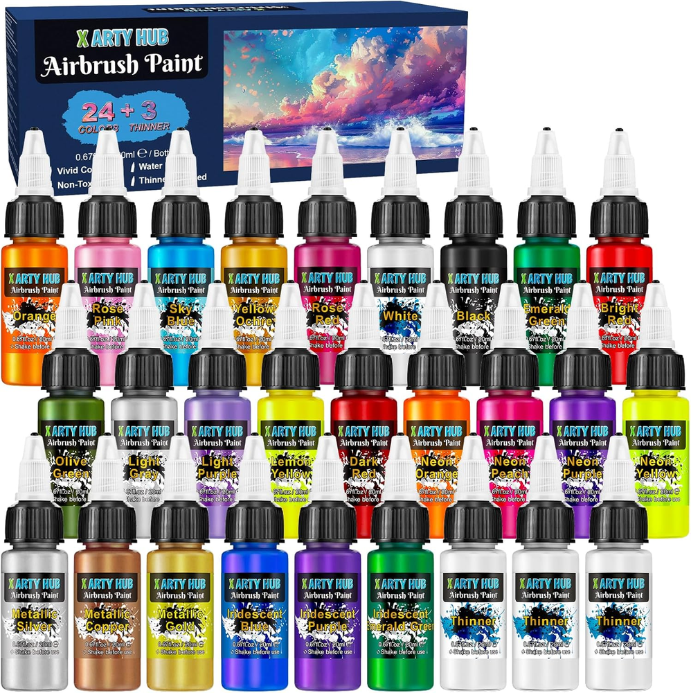 Airbrush Paint - 24 Colors with 2.03 Fl Oz Thinner, Iridescent, Neon and Metalli