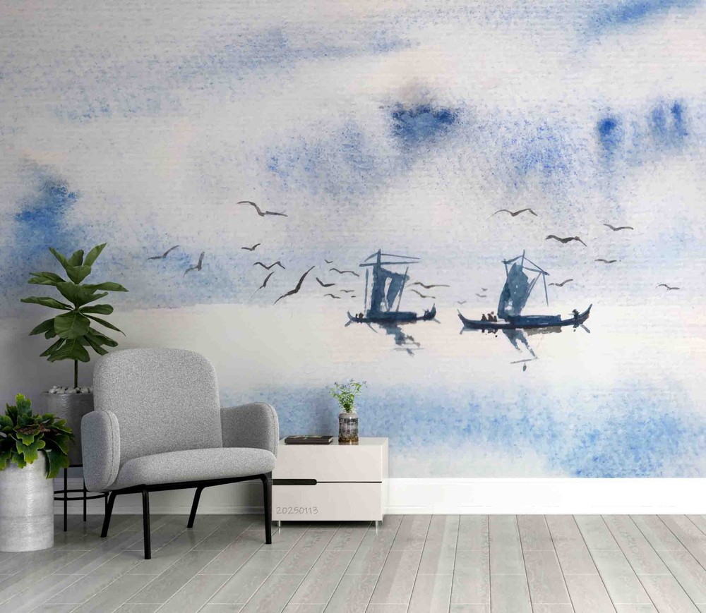 3D Sky Lake Boat Watercolor Wall Murals Wallpaper Murals Wall Sticker 3