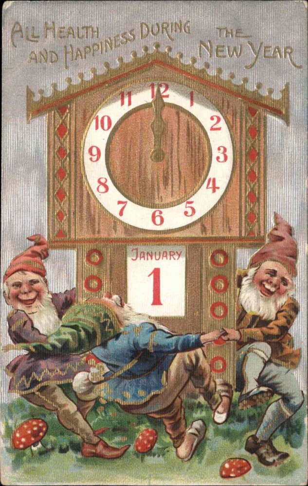 New Years Gnomes Dance Around Clock Embossed Gilt c1900-20s Vintage Postcard-image