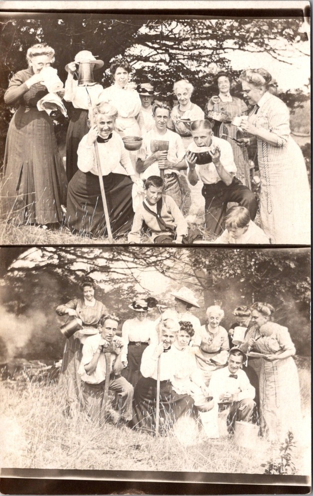 Double RPPC Postcard Group of Teachers Gathered at Picnic Holding Objects  23165