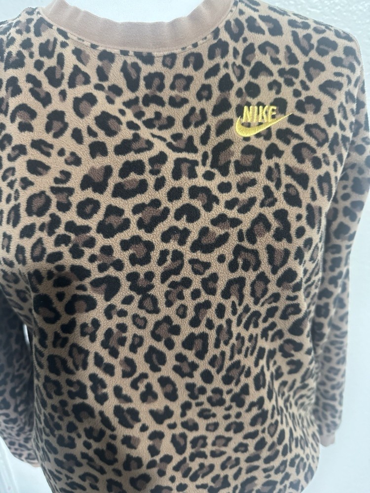 Nike Leopard Print Fleece Pullover Sweatshirt Brown Black Women's Size S