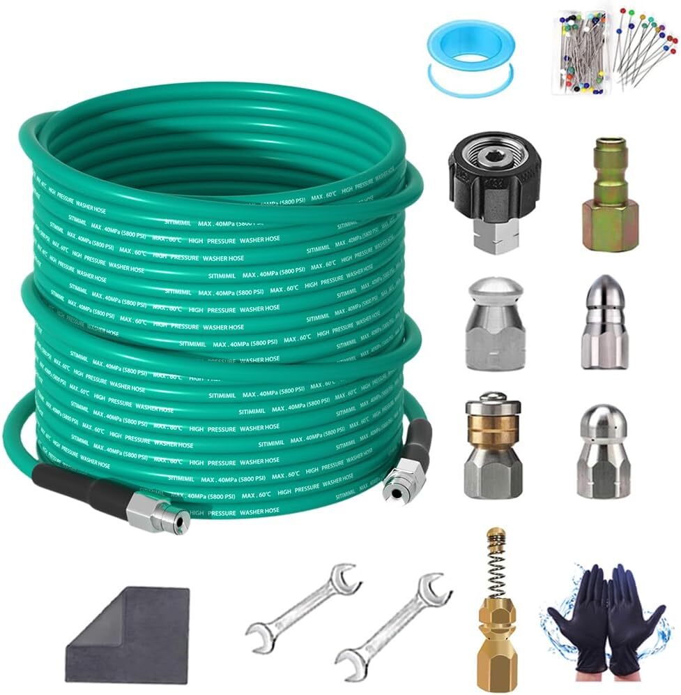 50FT Sewer Jetter Kit for Pressure Washer 1/4‘’NPT Drain Cleaner Hose 5800P...
