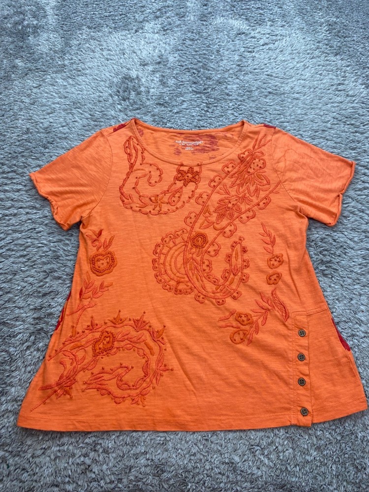 Soft Surroundings Top Women Medium Orange Floral Embroidered Boho Tunic Shirt