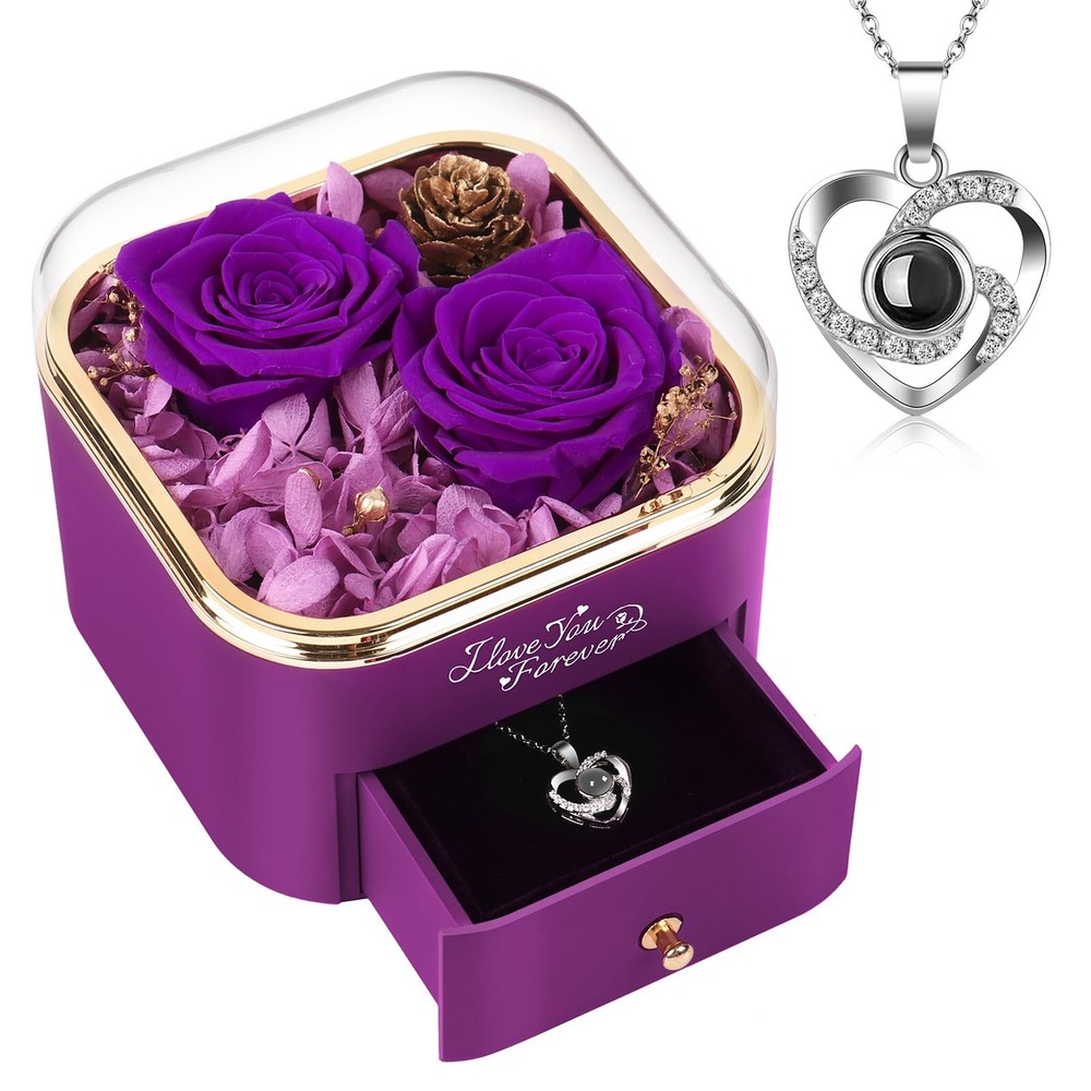 Valentines Day Gift for Her Preserved Real Purple Rose with Heart Necklace -E...-image