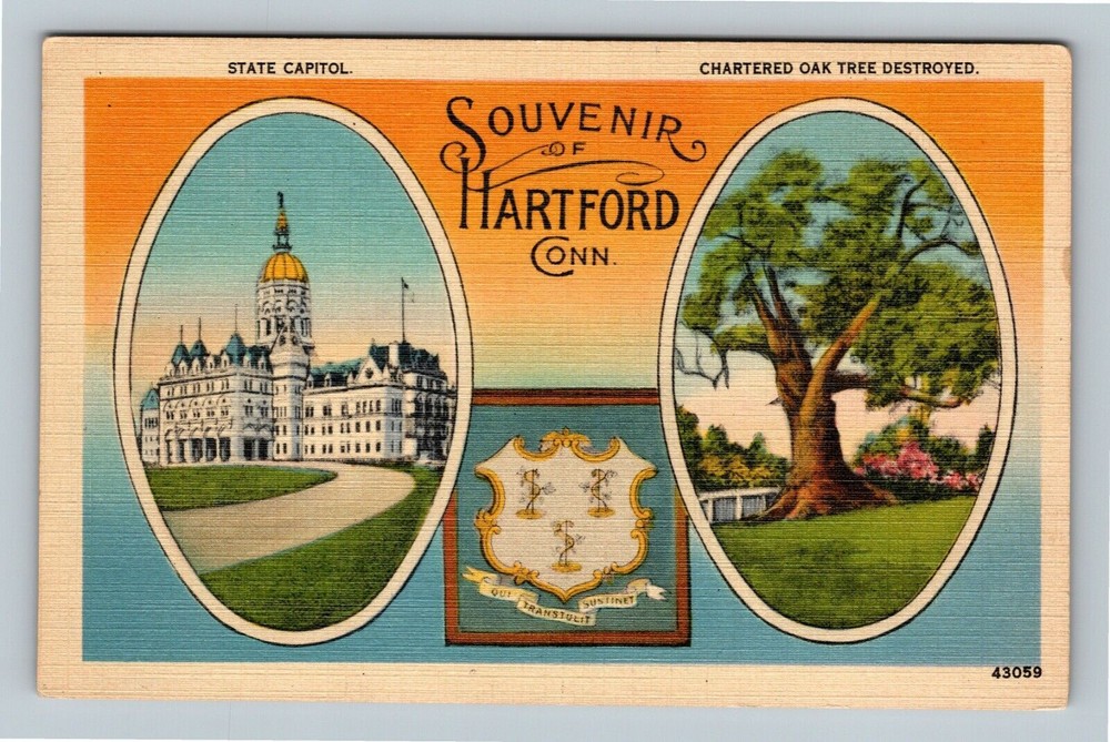 Hartford CT-Connecticut State Capitol, Destroyed Oak Tree, Emblem Linen Postcard