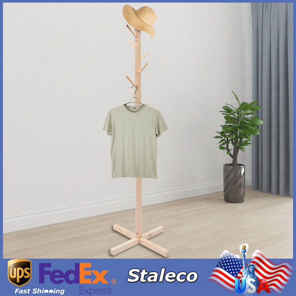 8-Hook Solid Wood Coat Rack Stand for Hats, Bags & Umbrellas