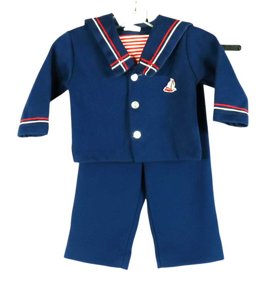 VTG So Nice Navy Blue POLY-KNIT SAILOR SUIT OUTFIT SET Red/White Trim Collar 12m