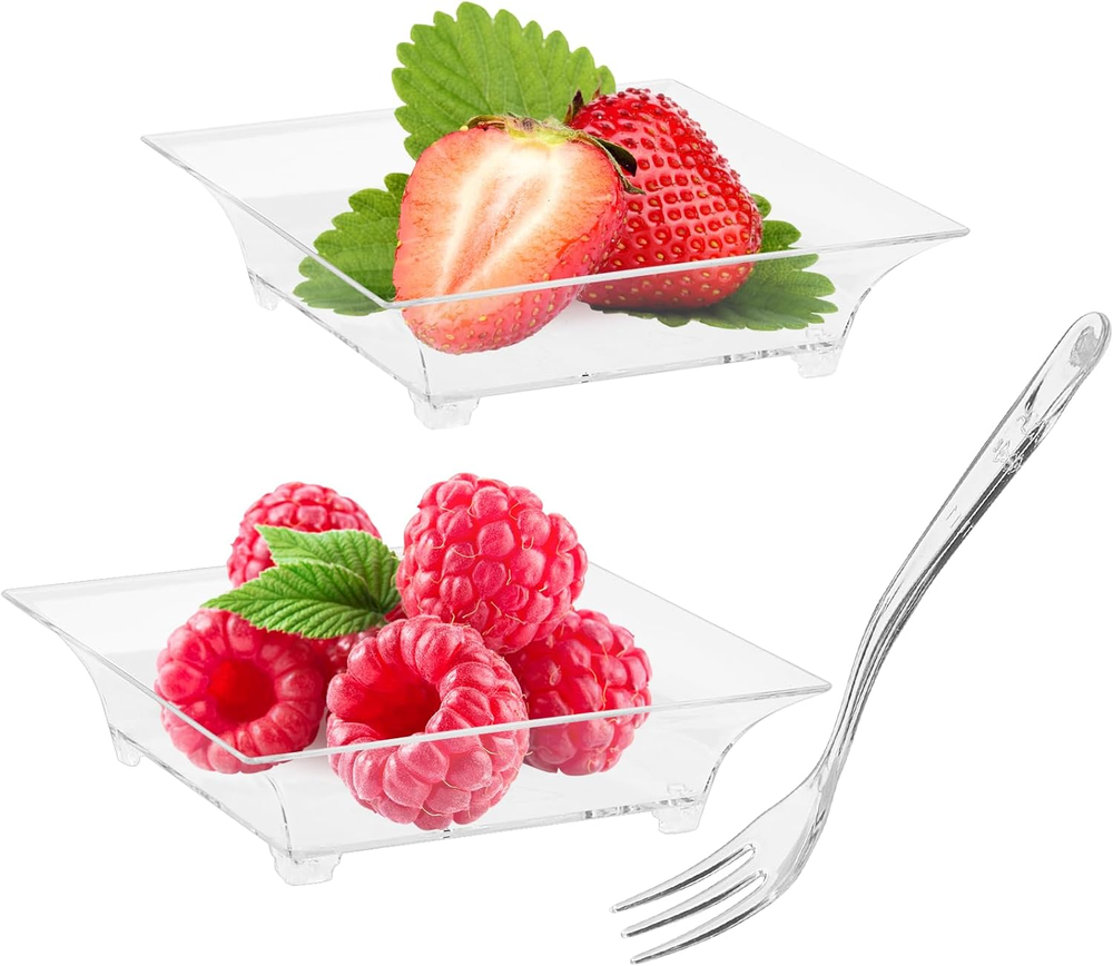 100-Pack 1oz Mini Dessert Plates with Forks - Reusable Plastic Appetizer Serving Trays