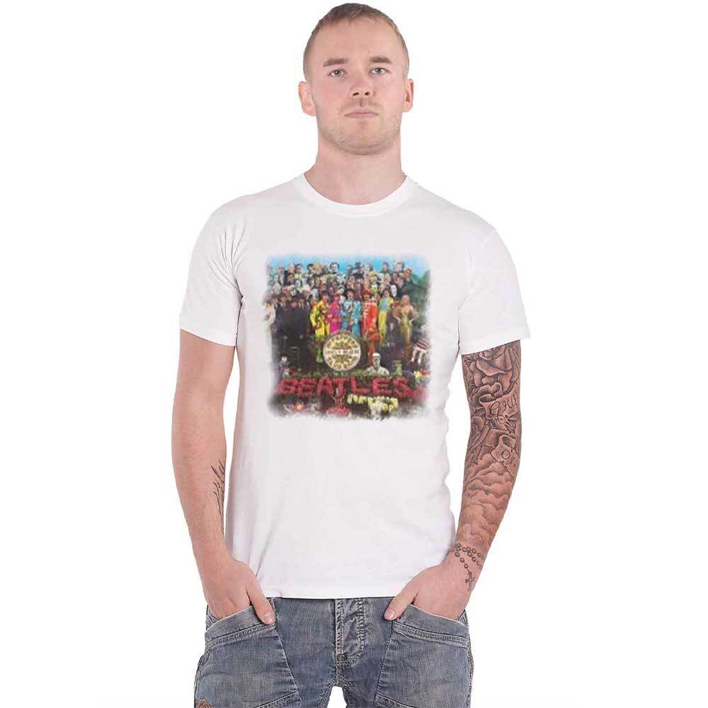 Official The Beatles Sgt Pepper Lonely Hearts Logo White T-Shirt for Men