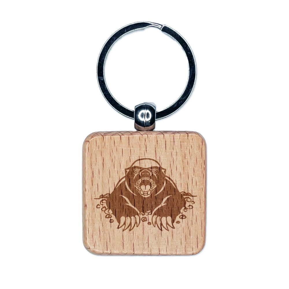 Angry Honey Badger Engraved Wood Square Keychain Tag Charm