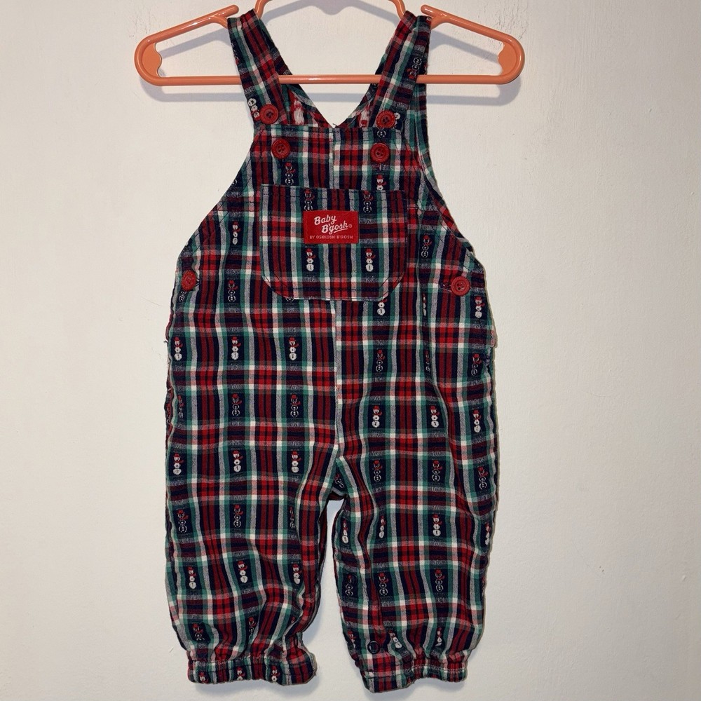 Vintage Baby B’Gosh  Vestbak Embroidered Snowman Print Plaid Overalls Size 3-6M
