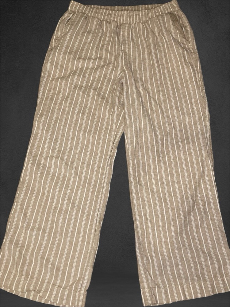 Briggs Pants Womens Large Beige Ivory Striped Linen Blend Pull On Elastic Waist