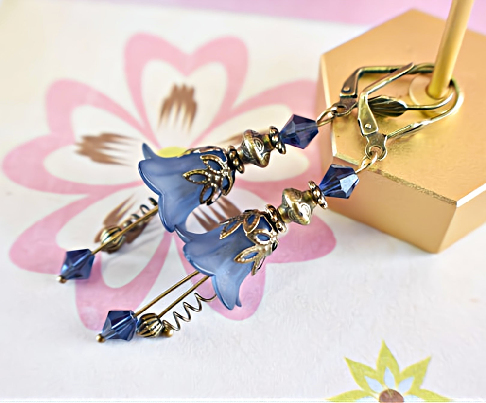 Vintage Victorian Style Navy Blue and Antique Bronze Bell Flower Lucite Earrings