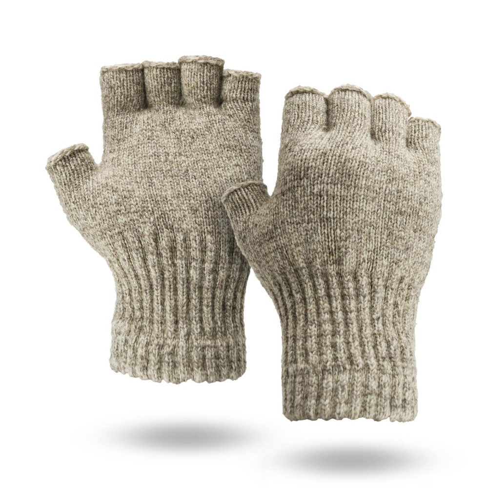 Fingerless Ragg Wool Gloves - Beige Large, Made in USA, Style 351