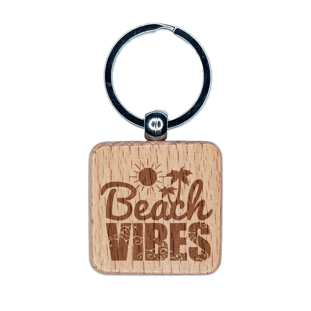 Sun & Waves Engraved Wooden Beach Keychain Charm  