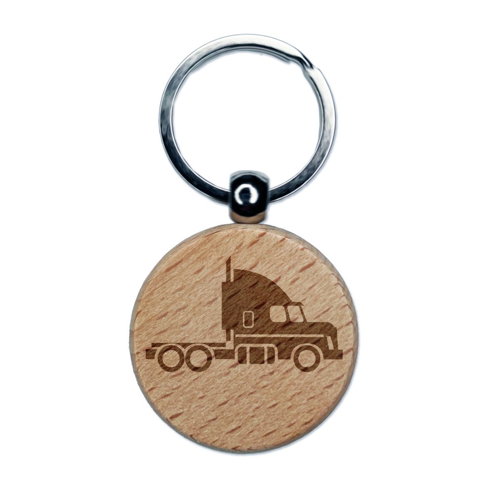 Big Rig Mac Semi Truck Engraved Wood Round Keychain Tag Charm