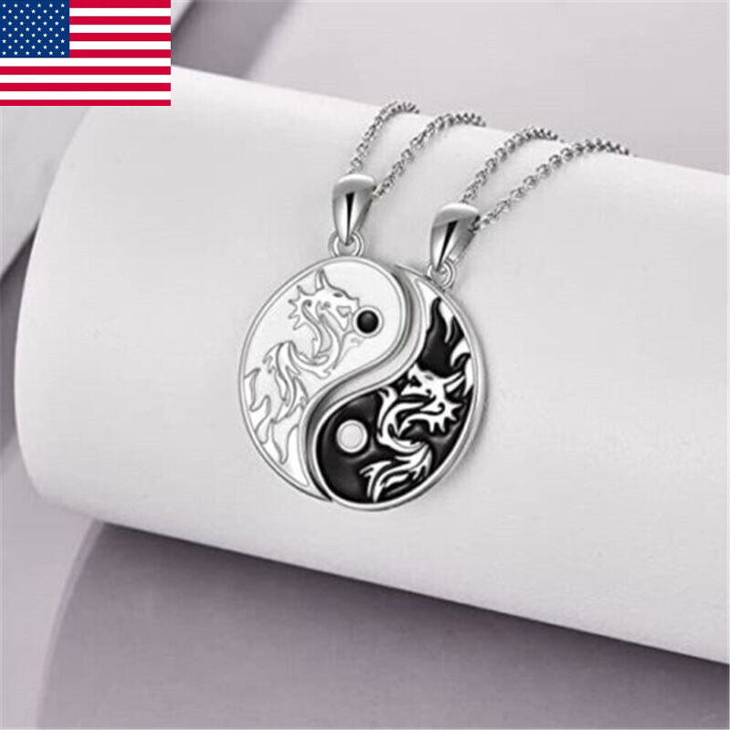 2x/Set Yin & Yang Pendant Necklace Dragon Matching Unique Taichi Couple Necklace