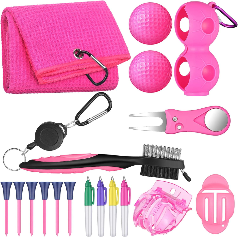 18 Pcs Pink Golf Accessories Kit Include Golf Ball Marker Balls Holder Club Groo