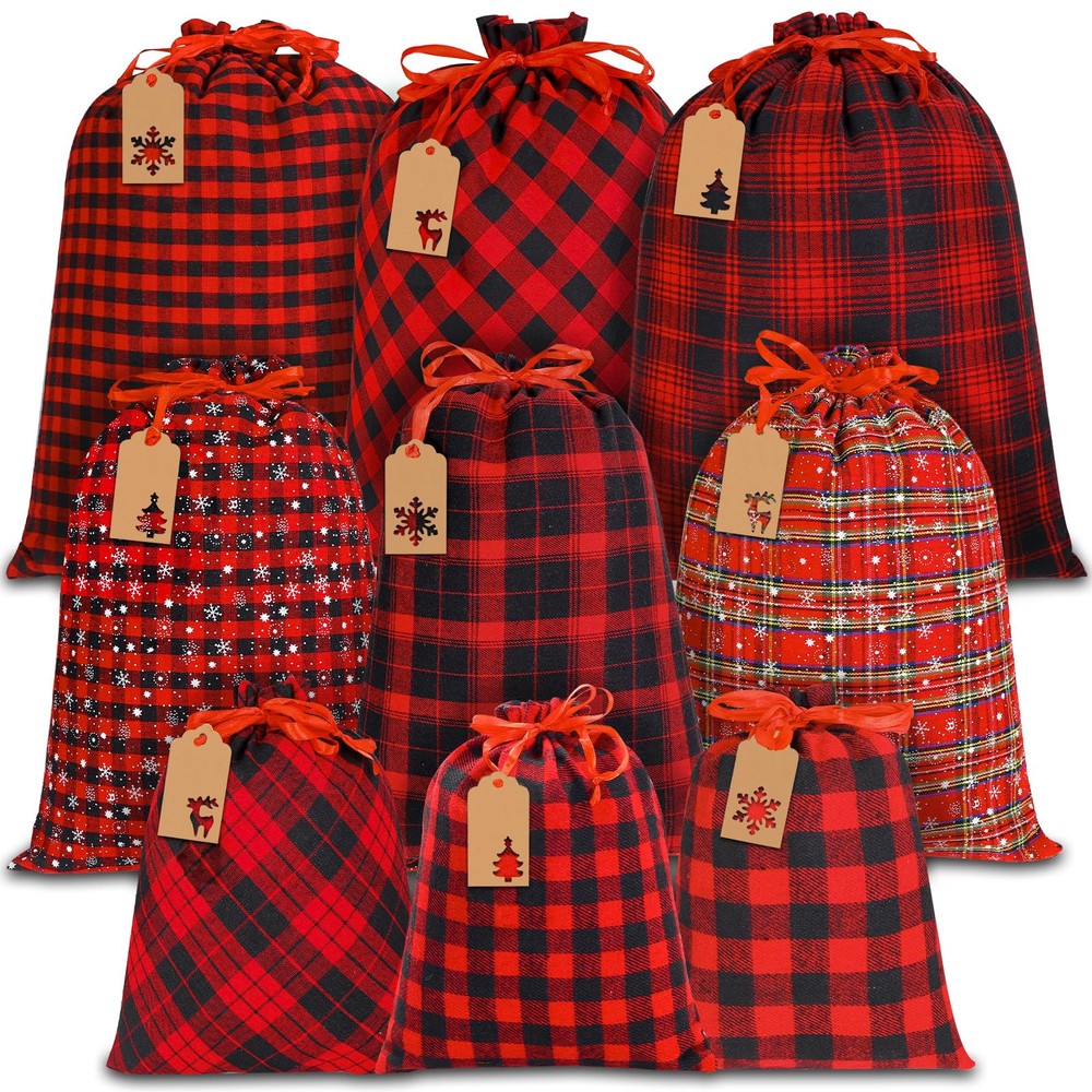 9PCS Christmas Drawstring Bags Christmas Cotton Buffalo Plaid Bags Sacks Xmas...
