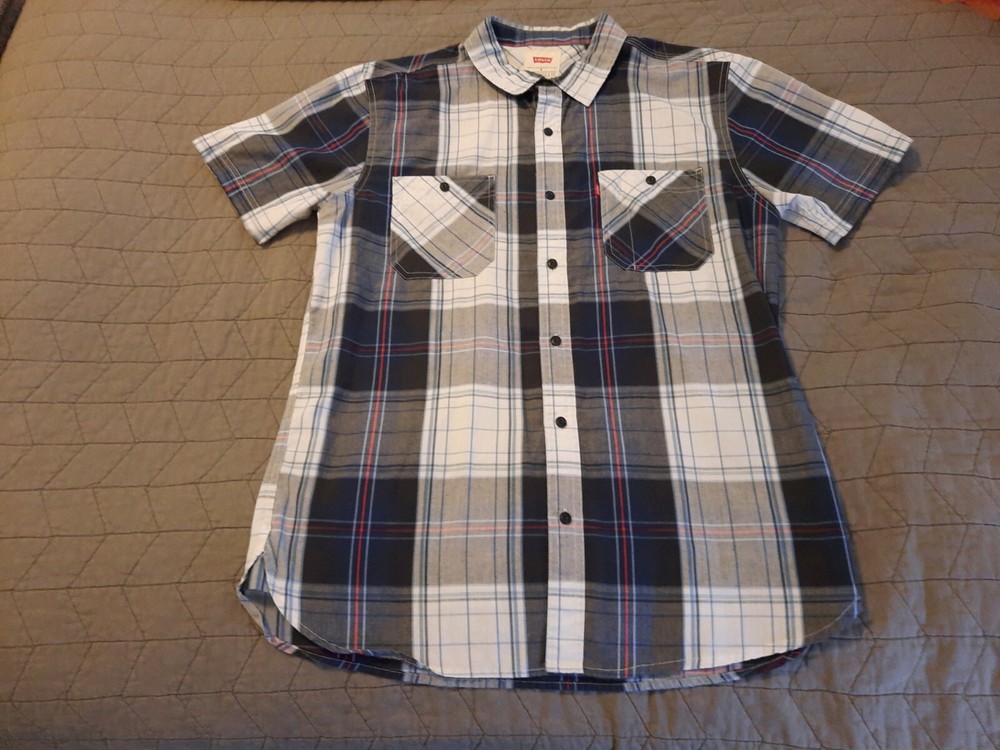 Levis Mens Size Med Blue White Plaid Short Sleeve Button Up Casual Dress Shirt