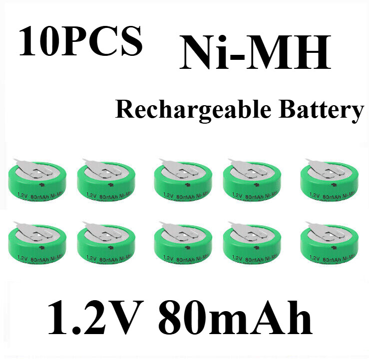 10PCS Rechargeable Ni-MH Battery 1.2V 80mAH With 2 Pins/Tabs For Meter Devices