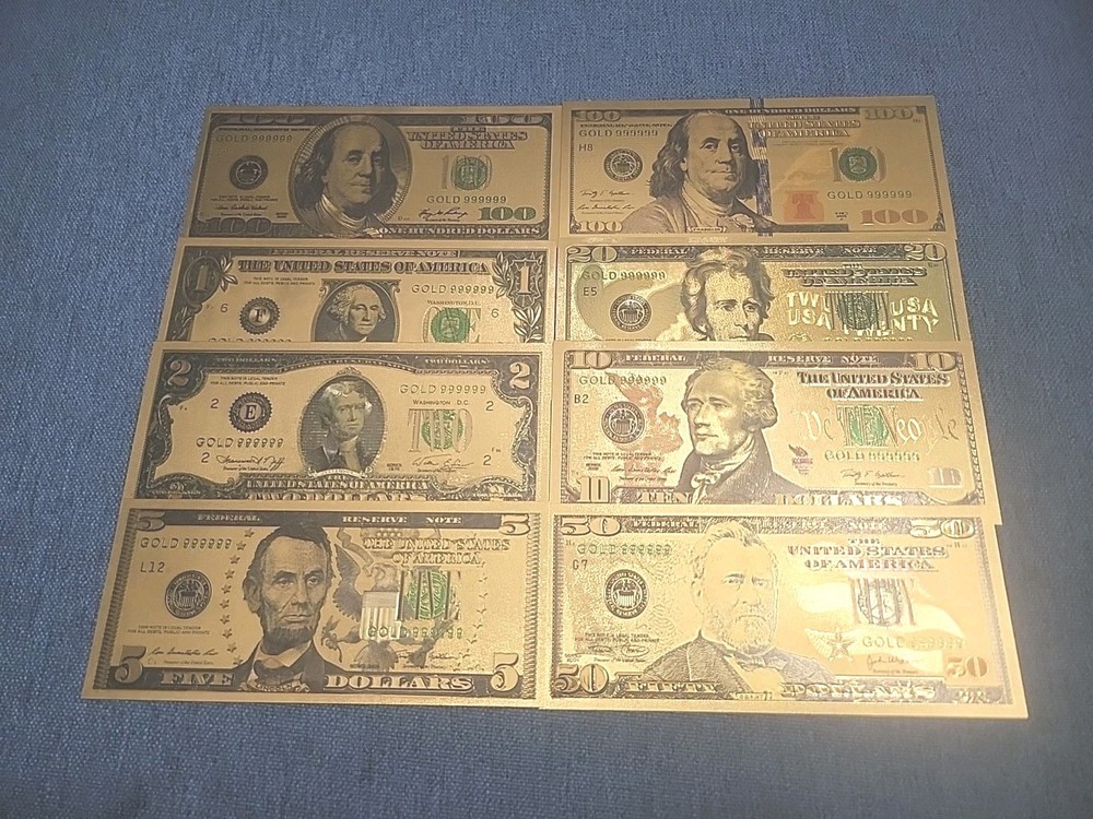 24kt Gold  US Currency Novelty Notes All  Denominations $1-$100  Set Of 8/$16.99