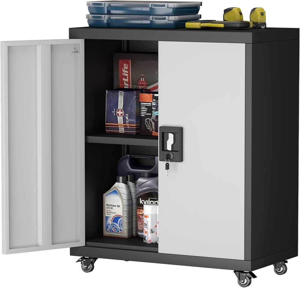 Metal Tool Cabinet on Wheels - Garage Storage Utility Cabinet with Lockable Doors