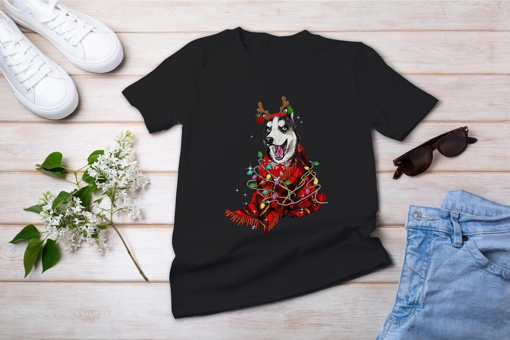 Funny Husky Reindeer Antlers Lights Christmas Pajama Xmas T-Shirt