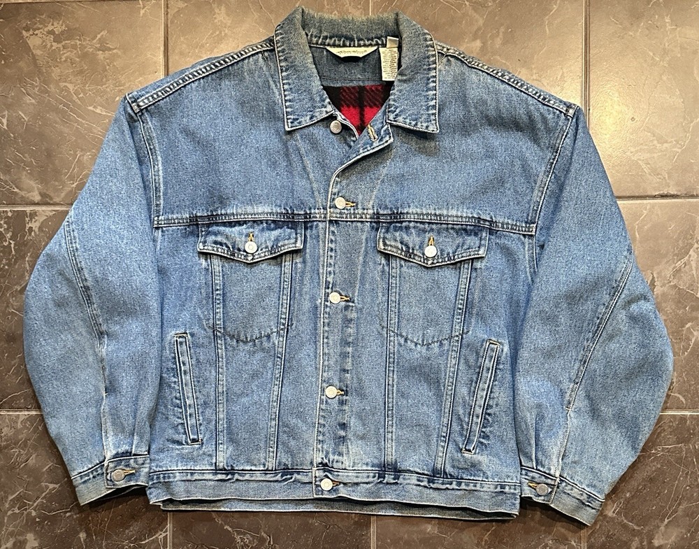 Eddie Bauer Denim Trucker Jacket Plaid Flannel Lined Men’s Size L Very Nice