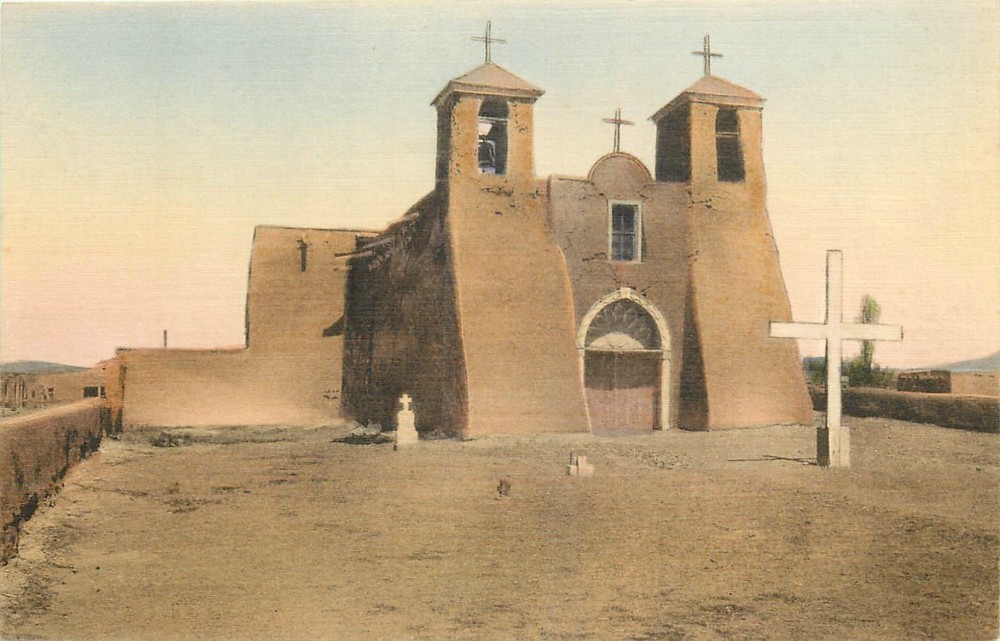 1940s Taos New Mexico Rancho de Taos Mission Church HC Postcard 25-9924
