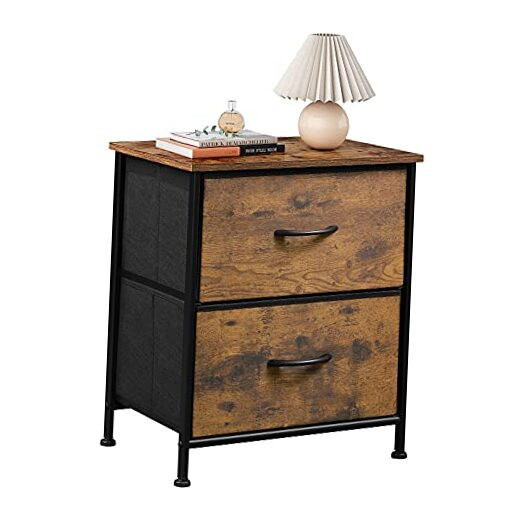 Rustic Brown Nightstand with 2 Fabric Drawers, Bedside End Table